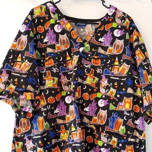 4XL Halloween Pumpkin Owl witches hat nursing scrub top